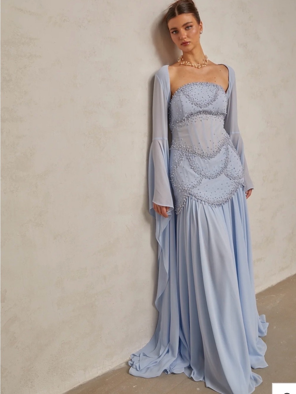 Light Blue Beaded Evening Gown with Sheer Draped Sleeves